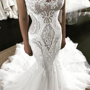 mermaid off the shoulder floor length sleeveless tulle applique wedding dress showprettydress