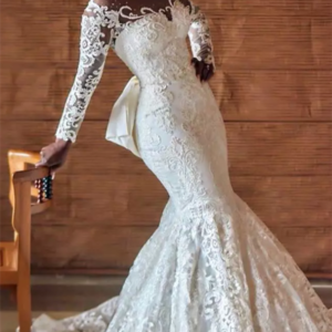 Mermaid Round Collar Long Sleeves Backless Floor Length Charmeuse Applique Wedding Dress