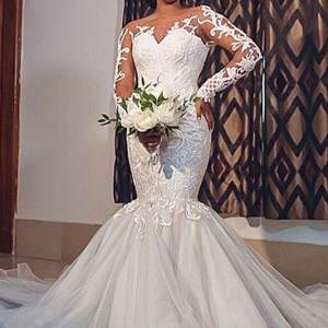 Mermaid Round Collar Long Sleeves Long Train Tulle Applique Wedding Dress