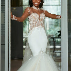 Mermaid Small Round Collar Floor Length Charmeuse Tulle Beaded Wedding Dress