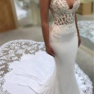 mermaid spaghetti sleeveless appliqued lace court train wedding dresses showprettydress