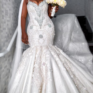 mermaid spaghetti strap floor length organza beading applique wedding dress showprettydress
