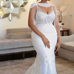 Mermaid Spaghetti Strap Short Train Chiffon Beaded Wedding Dress