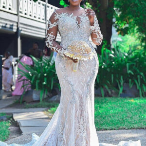 Mermaid Strapless Chapel Train Long Sleeves Tulle Lace Beading Wedding Dress