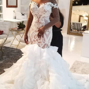 Mermaid Sweetheart Long Train Long Sleeves Backless Organza Applique Wedding Dress