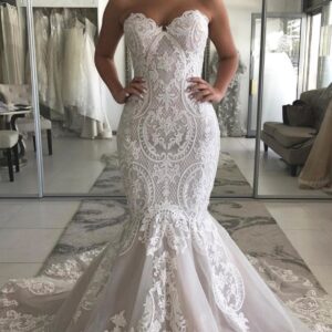 mermaid sweetheart long train tulle applique wedding dress showprettydress