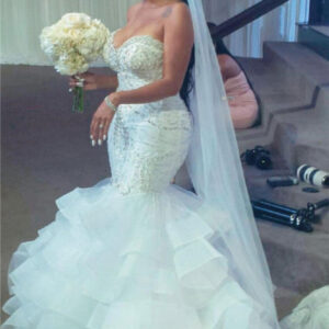 Mermaid Sweetheart Short Train Organza Paillette Applique Wedding Dress