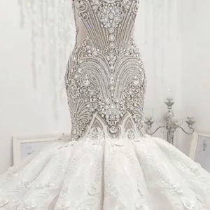 Mermaid V-neck Floor Length Backless Tulle Beading Applique Wedding Dress