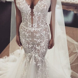 Mermaid V-neck Floor Length Chapel Tulle Embroidery Wedding Dress