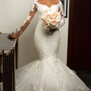 mermaid v neck floor length long sleeves tulle applique wedding dress showprettydress