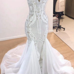 mermaid v neck floor length sleeveless tulle applique wedding dress showprettydress