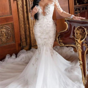 Mermaid V-neck Long Sleeves Floor Length Tulle Beading Applique Wedding Dress