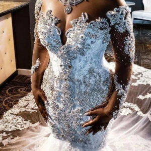 Mermaid V-neck Long Train Long Sleeves Tulle Beading Applique Wedding Dress
