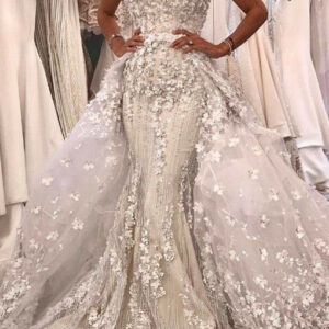 Mermaid V-neck Long Train Sleeveless Tulle Applique Wedding Dress