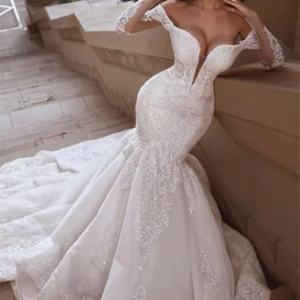 Mermaid V-neck Off-the-shoulder Long Train Organza Paillette Applique Wedding Dress