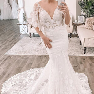 mermaid v neck short train half sleeve tulle applique wedding dress showprettydress