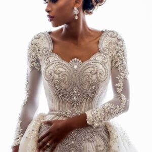 mermaid wedding dresses with trendy overskirt beads lace appliques long sleeves bridal gowns showprettydress