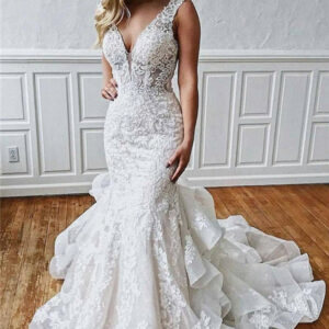 modern lace v neck mermaid wedding dresses sleeveles with ruffles showprettydress