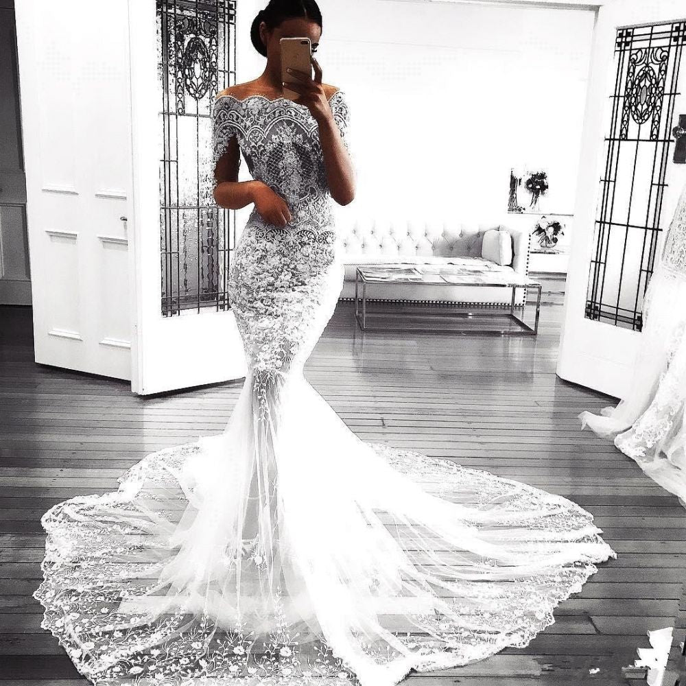 modern mermaid long sleeves lace wedding dress modern flowers see through tulle bride dress showprettydress 2 modern mermaid long sleeves lace wedding dress modern flowers see through tulle bride dress showprettydress 2