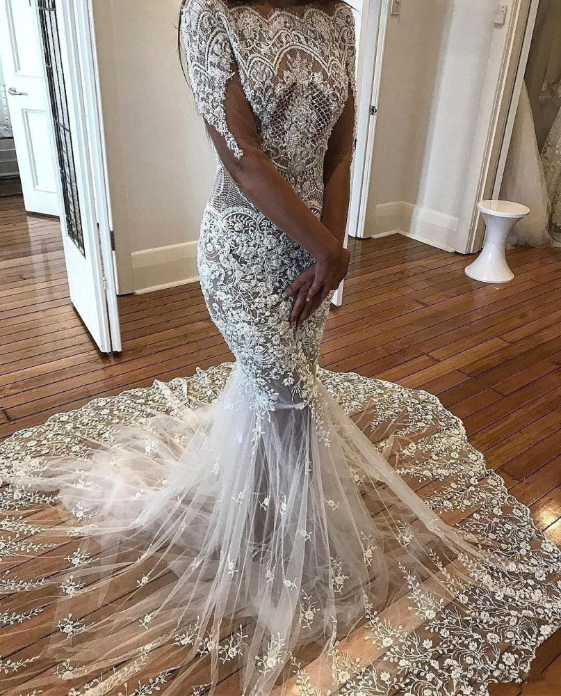 modern mermaid long sleeves lace wedding dress modern flowers see through tulle bride dress showprettydress 3 modern mermaid long sleeves lace wedding dress modern flowers see through tulle bride dress showprettydress 3