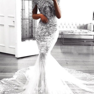modern mermaid long sleeves lace wedding dress modern flowers see through tulle bride dress showprettydress