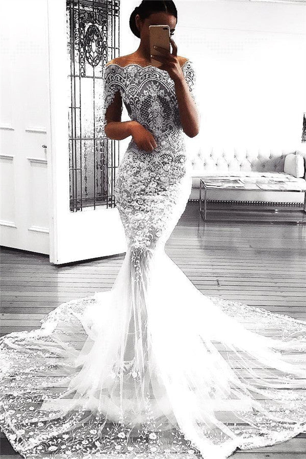 modern mermaid long sleeves lace wedding dress modern flowers see through tulle bride dress showprettydress modern mermaid long sleeves lace wedding dress modern flowers see through tulle bride dress showprettydress