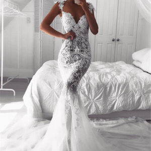 modern mermaid straps wedding dresses sheer tulle sleeveless appliques bridal gowns showprettydress
