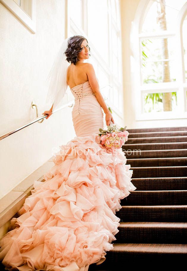 modern mermaid sweetheart wedding dresses pink crystal lace up lovely ruffless bridal gowns showprettydress 3 modern mermaid sweetheart wedding dresses pink crystal lace up lovely ruffless bridal gowns showprettydress 3