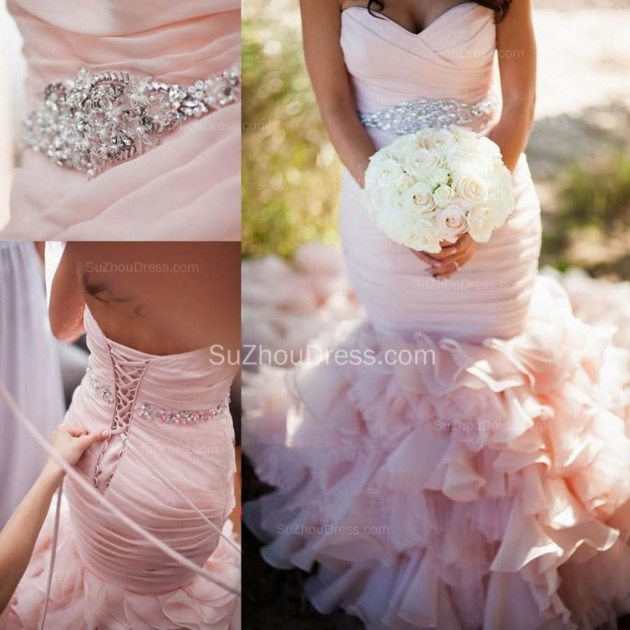 modern mermaid sweetheart wedding dresses pink crystal lace up lovely ruffless bridal gowns showprettydress 4 modern mermaid sweetheart wedding dresses pink crystal lace up lovely ruffless bridal gowns showprettydress 4