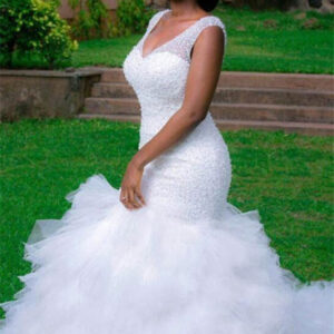 modern mermaid v neck wedding dresses sleeveless beading court train bridal gown showprettydress