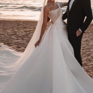 modern one shoulder ruffles satin sparkly seqiuns mermaid bridal dress showprettydress
