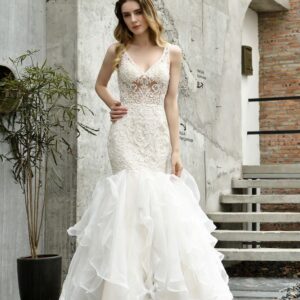 modern see through lace mermaid lace sleeveless ivory wedding dress with ruffles train showprettydress