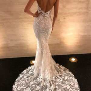 modern spaghetti straps v neck lace mermaid wedding dress showprettydress