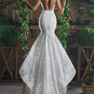 modern v neck mermaid wedding dresses long charming lace ope back tulle straps bridal gowns showprettydress