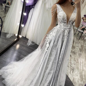 modern v neck sleeveless aline wedding dress floral lace bridal dress showprettydress