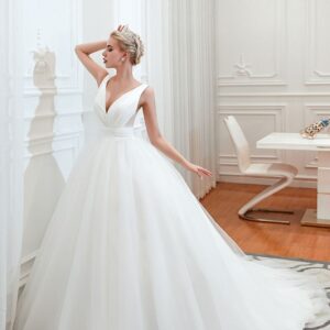 modern v neck sleeveless white princess spring wedding dress showprettydress