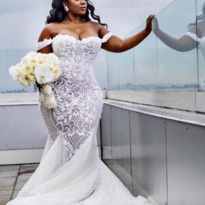 Modest Plus Size Long Mermaid Off-the-Shoulder Lace Wedding Dresses