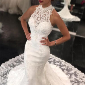 new arrival high neck lace mermaid sleeveless sweep train wedding dress showprettydress