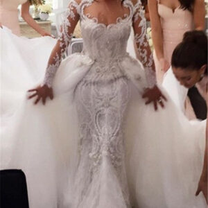 new arrival long sleevess sheath wedding dresses lace appliques bridal gowns with detachable train showprettydress