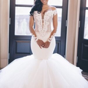 off the shoulder mermaid wedding dress lace appliques classic long sleeves bridal gowns showprettydress