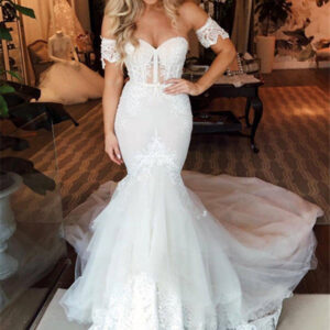 off the shoulder puffy tulle wedding dress mermaid appliques sweep train bridal gowns showprettydress