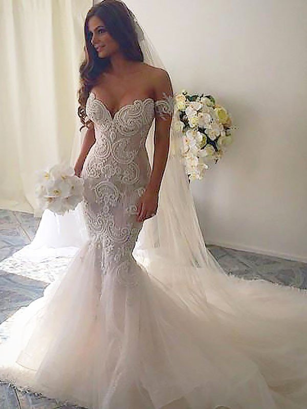 off the shoulder sleeveless mermaid tulle chapel train wedding dresses showprettydress 3 off the shoulder sleeveless mermaid tulle chapel train wedding dresses showprettydress 3