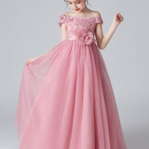 pink bateau neck sleeveless bows formal kids pageant flower girl dresses showprettydress