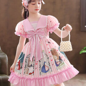 pink designed neckline short sleeves lace tulle embroidered kids social party dresses showprettydress