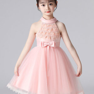 pink halter neck lace sleeveless short princess dress bows formal kids pageant flower girl dresses showprettydress