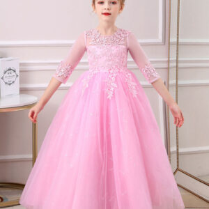 pink jewel neck half sleeves ankle length lace princess bows formal kids pageant flower girl dresses showprettydress