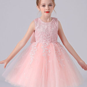 pink jewel neck lace bows formal kids pageant flower girl dresses showprettydress