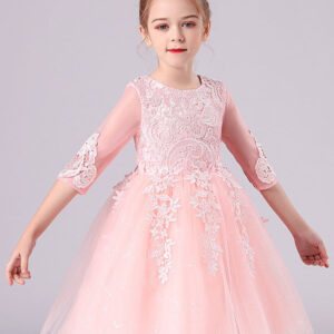pink jewel neck lace half sleeves short princess dress kids social party dresses showprettydress