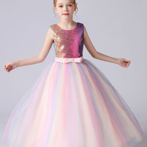 pink jewel neck sequined sleeveless ankle length princess dress bows kids party dresses showprettydress