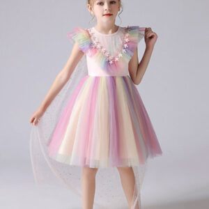 pink jewel neck short sleeves kids social party dresses princess dress showprettydress